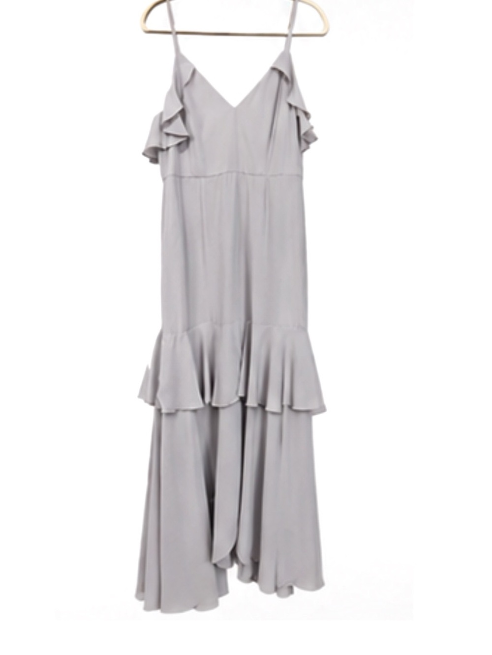 Lulu’s Cherish the Moment‎ Light Gray Ruffled High-Low Maxi Dress Medium NWT